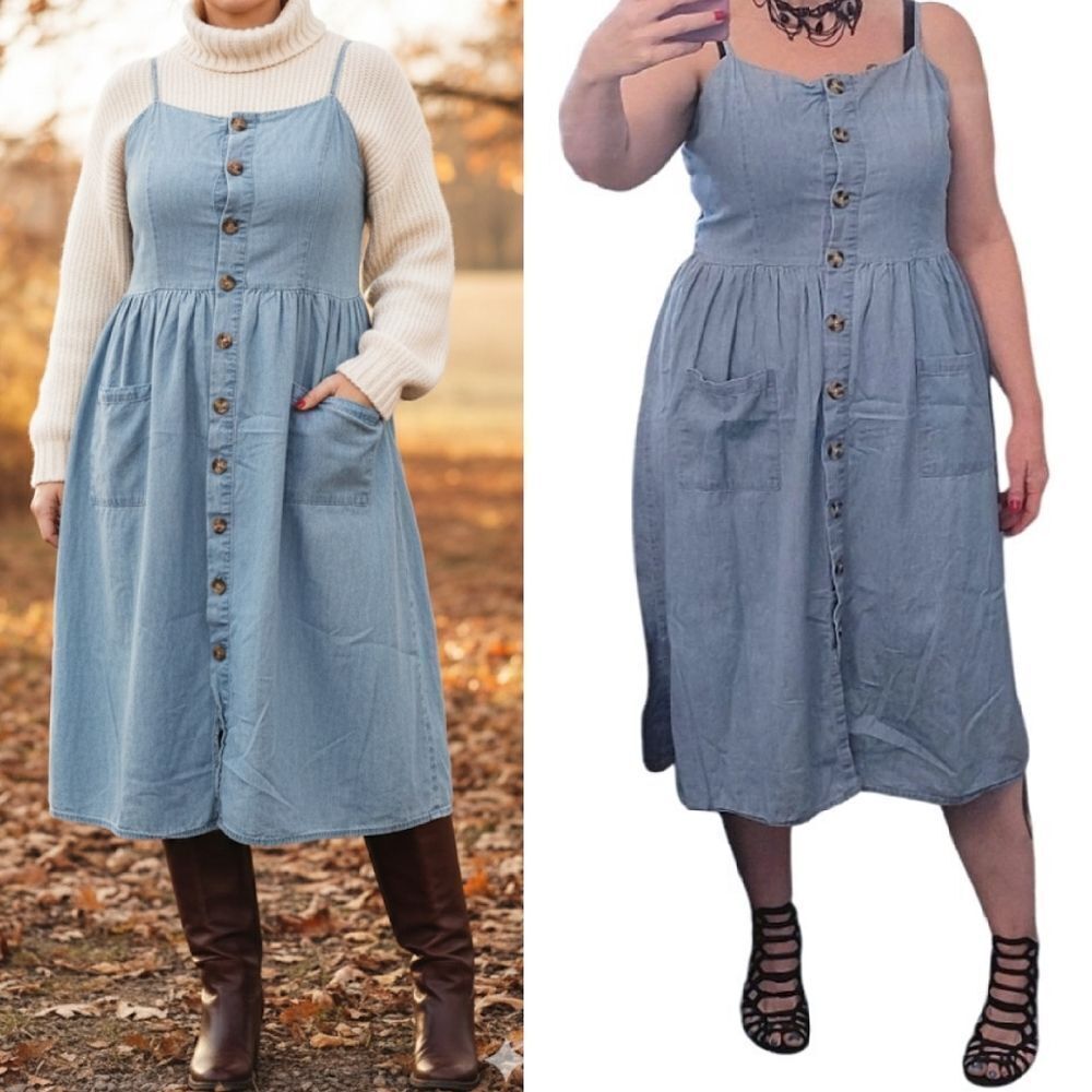 VTG 90s Blue Denim Button Front XL Midi Sundress Jumper with Pockets